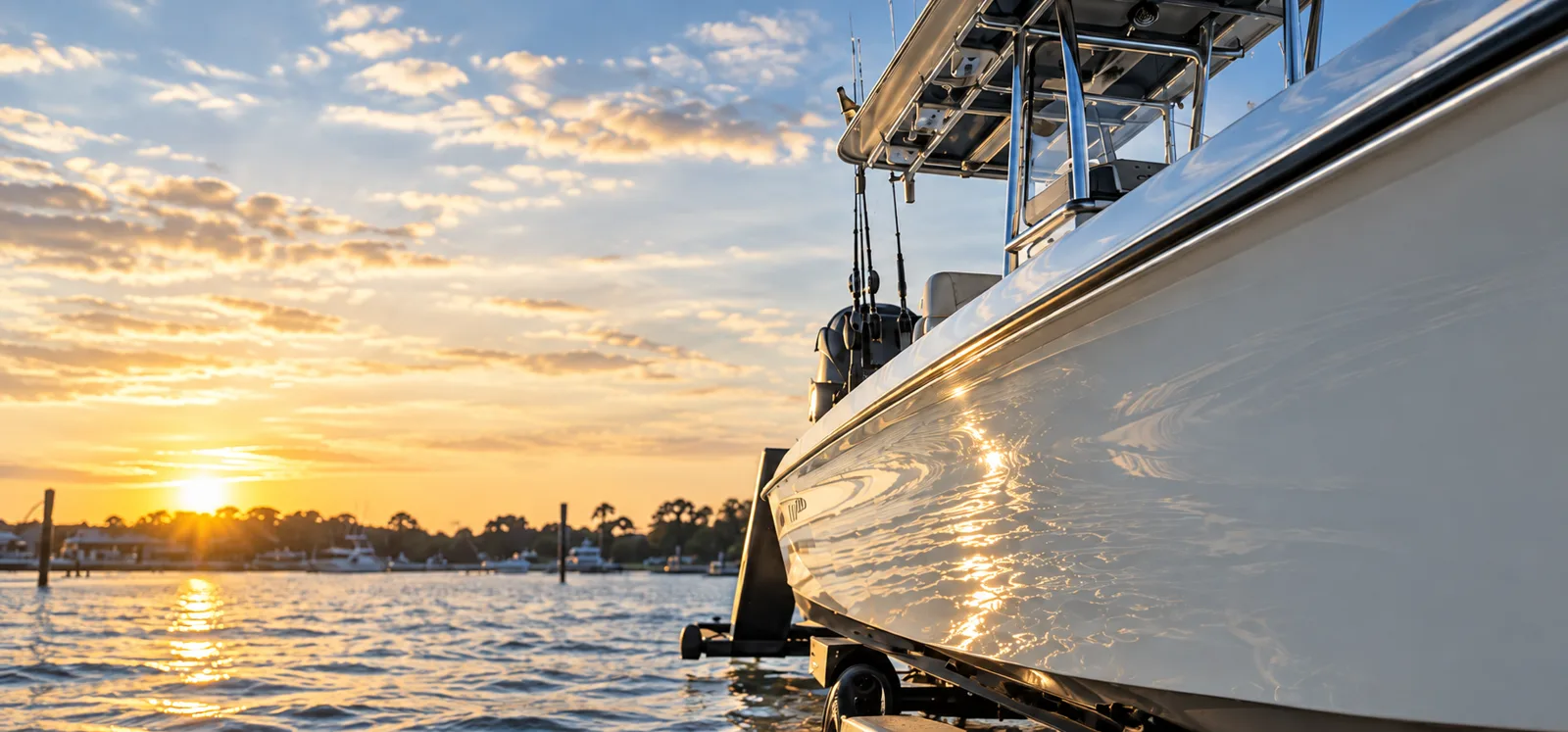 Center console boat hull at sunset in Beaufort, South Carolina after fiberglass and gelcoat repair