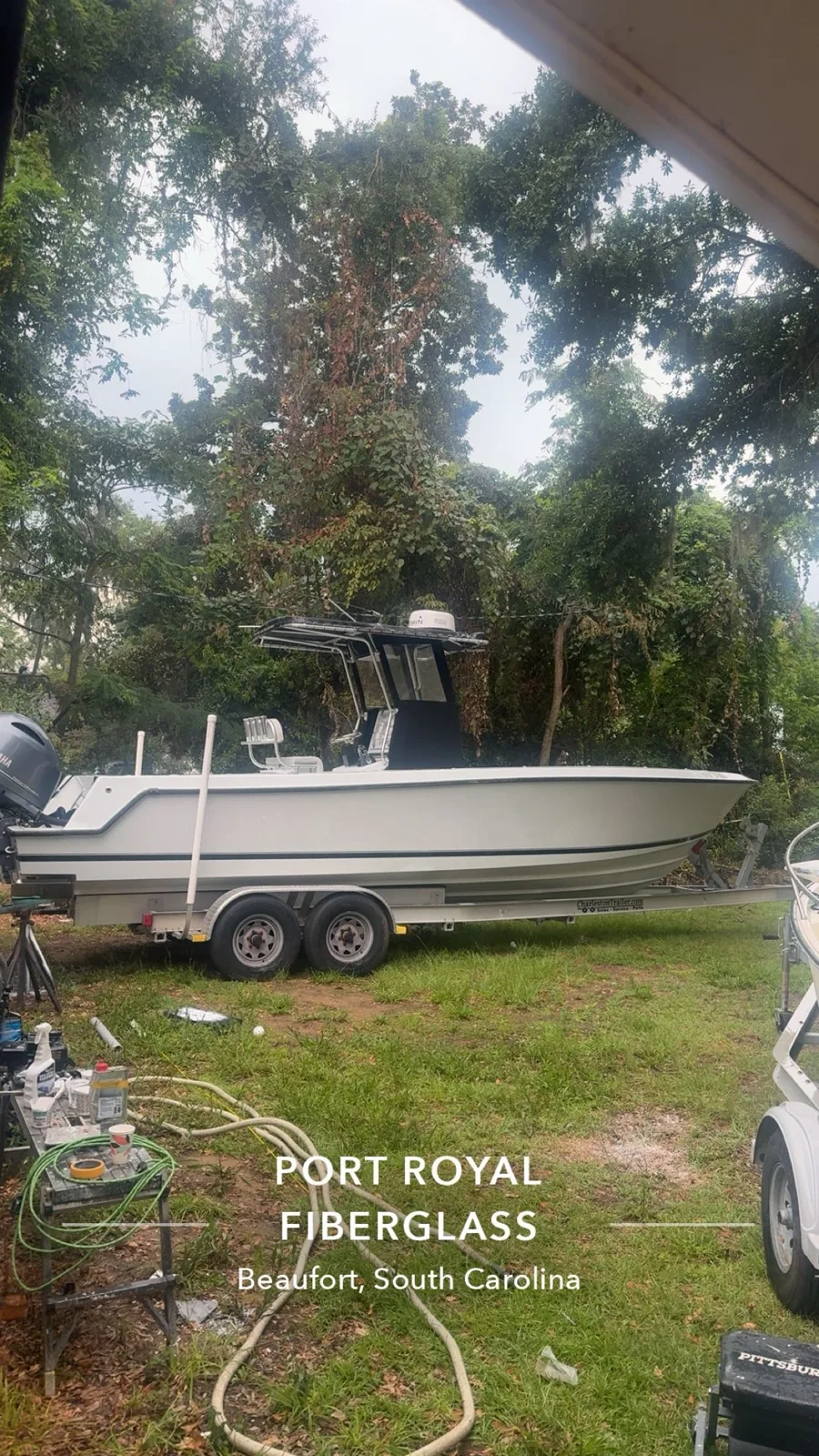 Center console boat after gelcoat repair and polish