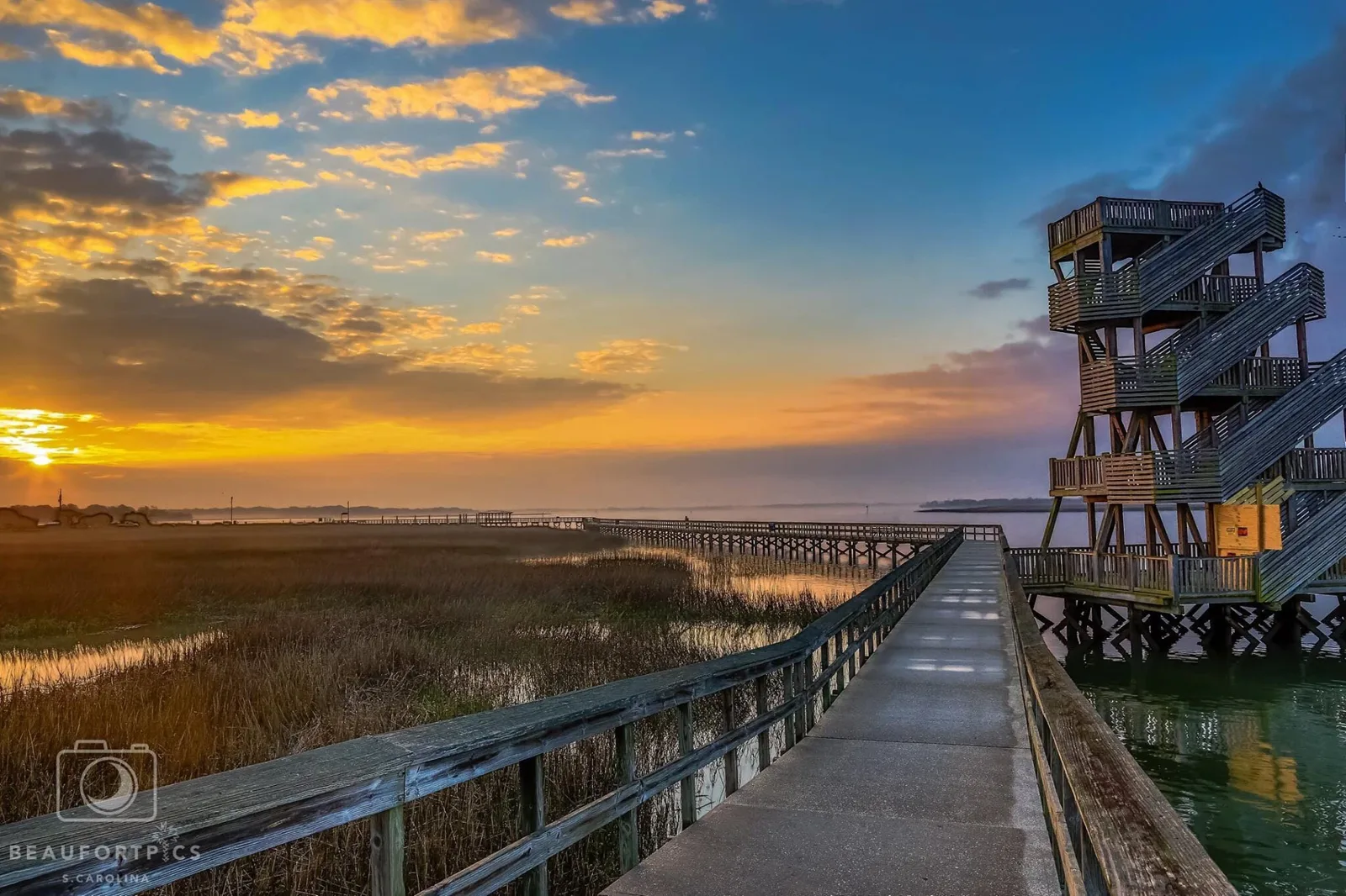 Sands Beach boardwalk and observation tower at sunset, Port Royal, Beaufort SC