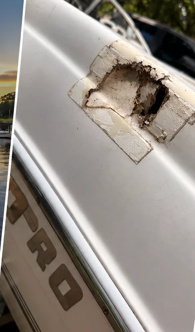 Damaged fiberglass gunwale before repair